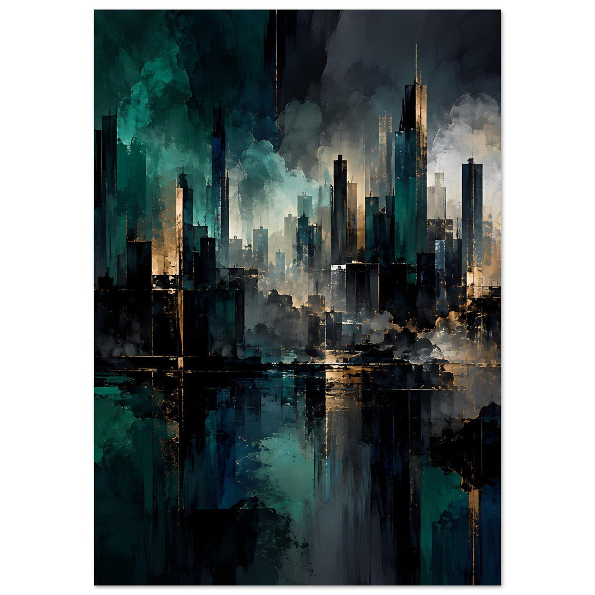 Abstraktes Stadtposter mit Skyline in Blau-Grün und goldenen Akzenten, mit Reflexionen