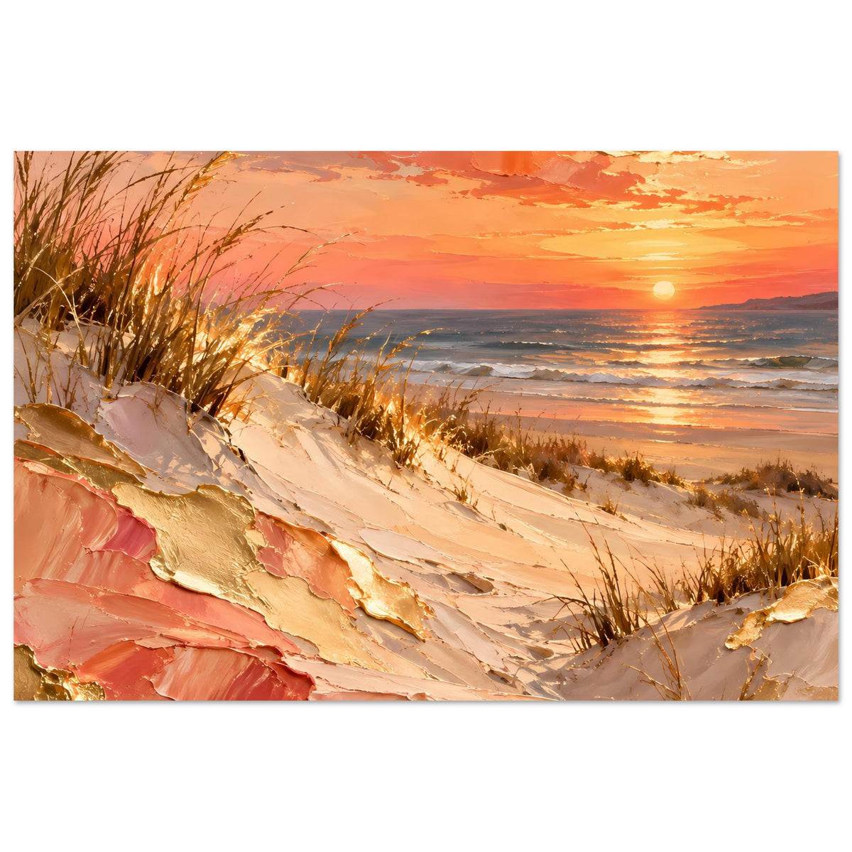 Meerposter mit Dünen und Meerblick, Pfirsich- und Goldtönen für einen warmen Sonnenuntergang