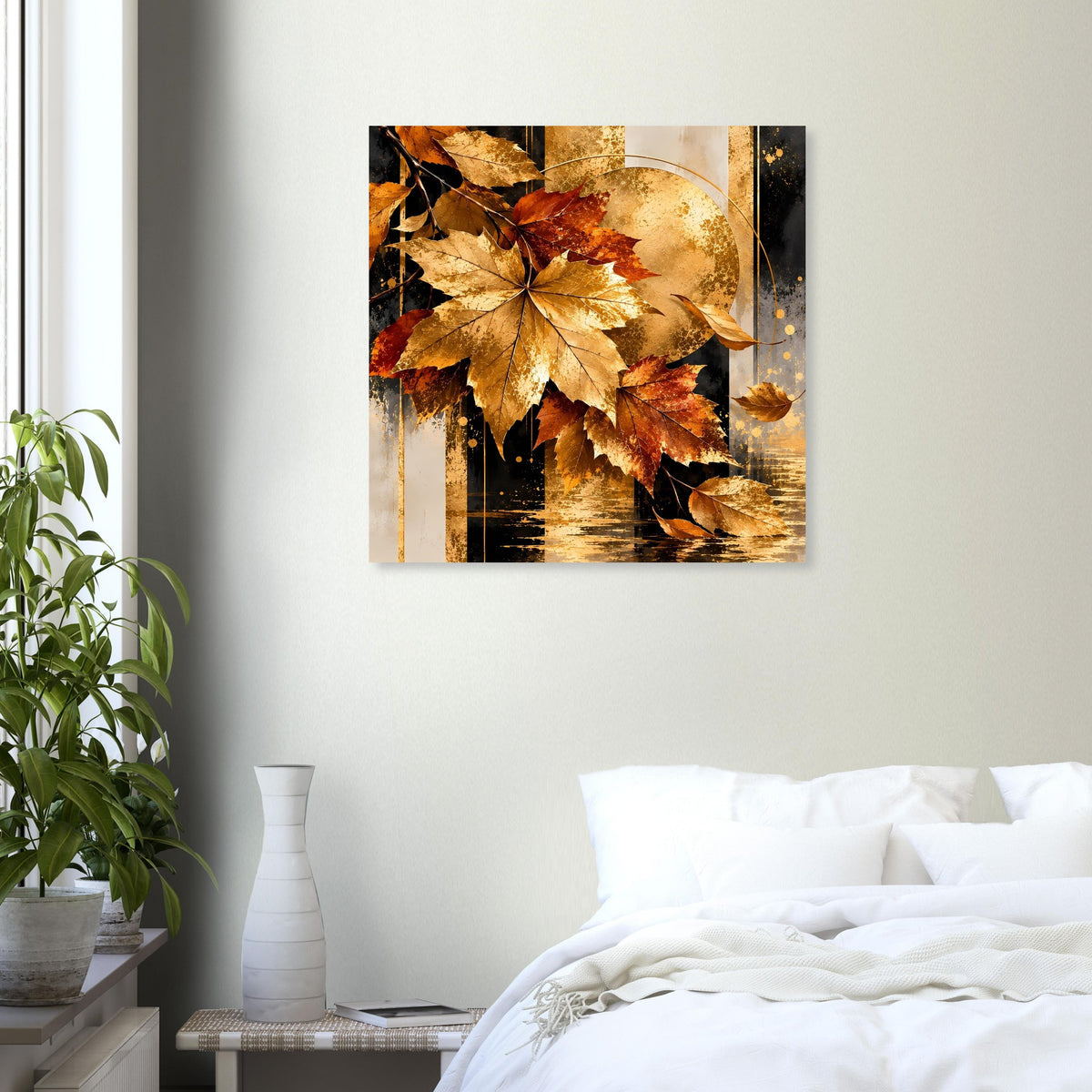 Herbst-Poster mit goldenen Ahornblättern und abstraktem Sonnenkreis