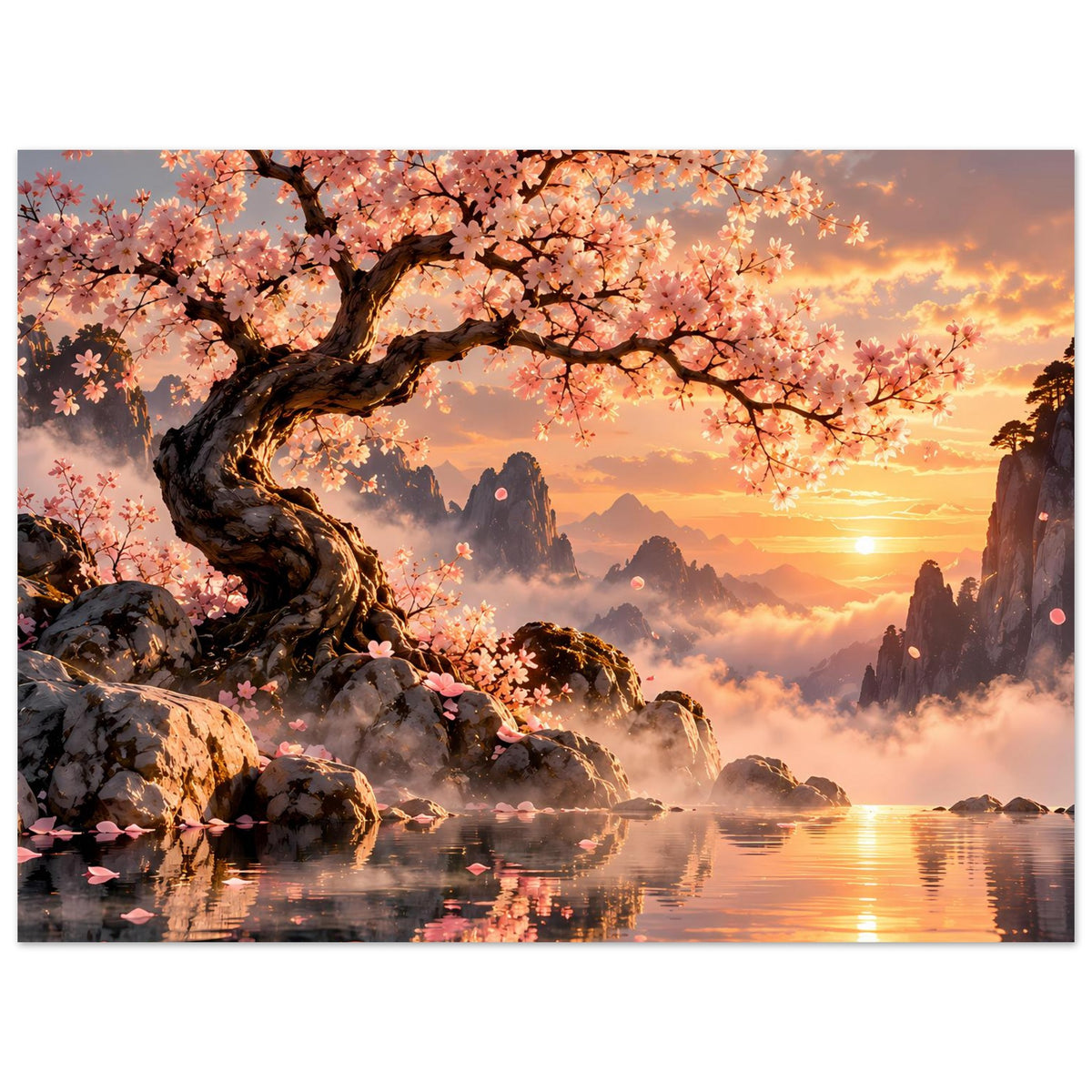 Querformat-Poster mit blühendem Kirschbaum, Felsen, Nebelbergen und goldenem Sonnenuntergang