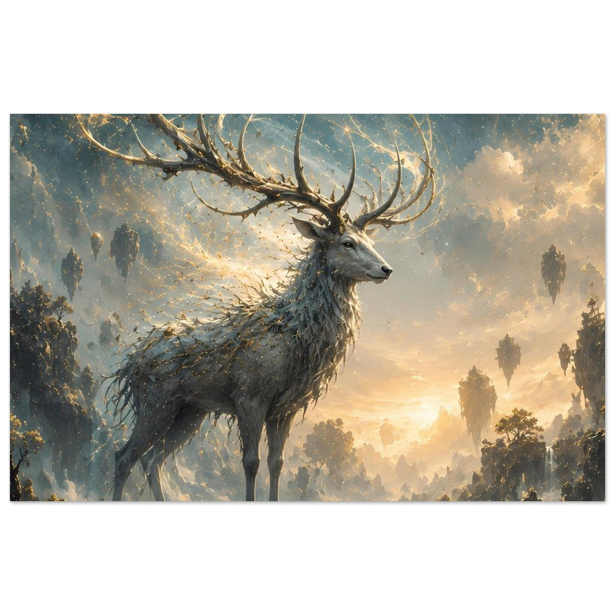 Horizontales Poster: Hirsch mit Geweih in dunklem Fell, helle Wolkenpartien im Motiv
