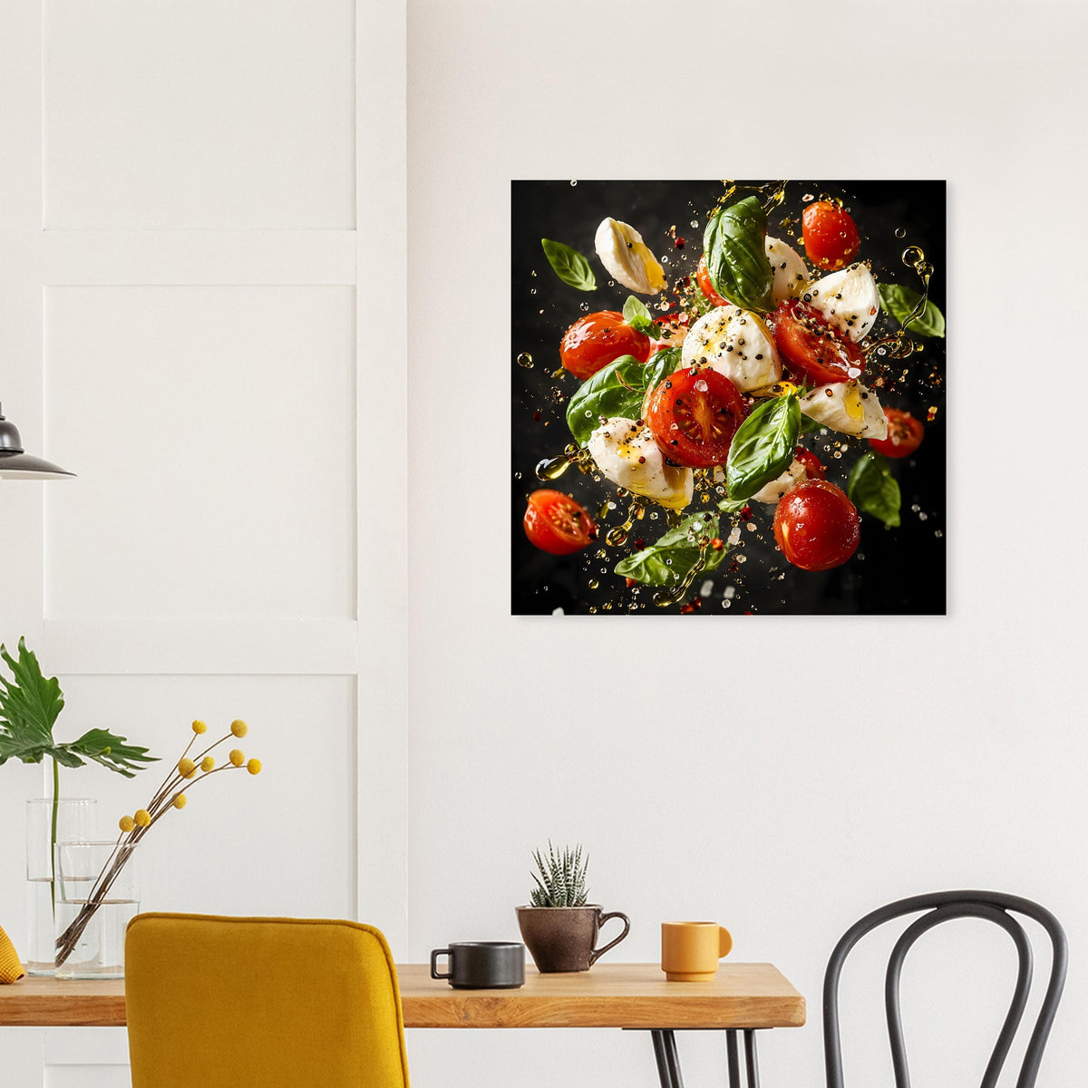 Gerahmtes quadratisches Poster mit Caprese-Salat: Tomaten, Basilikum und Mozzarella
