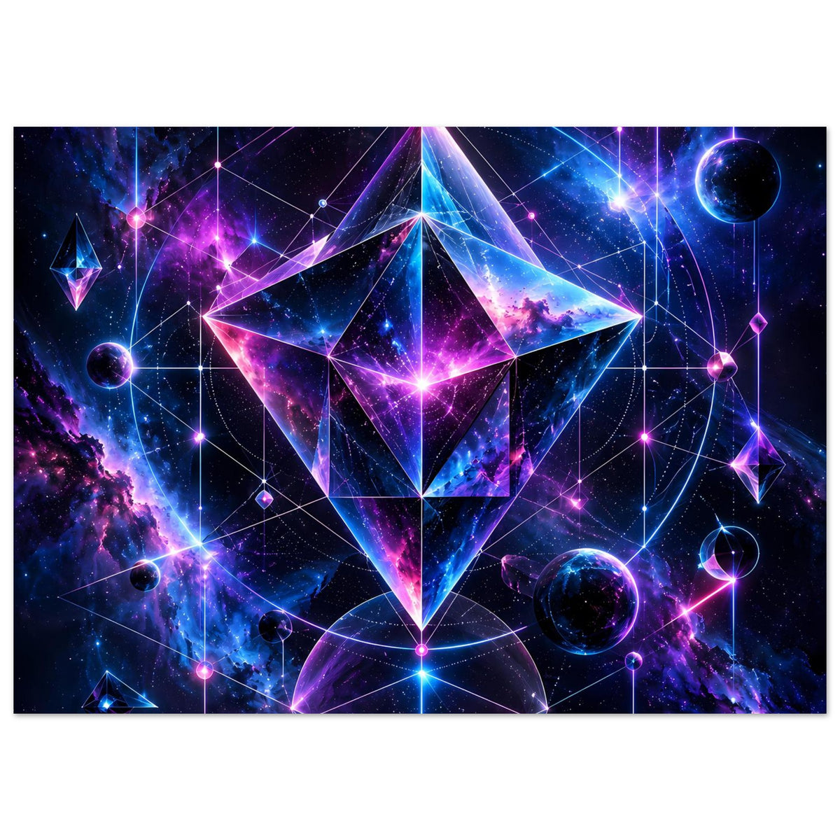 Querformat-Poster mit kosmischer Geometrie: leuchtender Stern-Diamant, Planeten und Netzwerk-Linien