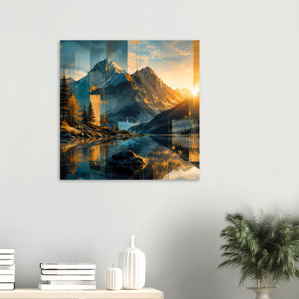 Kleines Poster im Quadratformat mit Bergen, Tannenwald und goldenem Sonnenaufgang