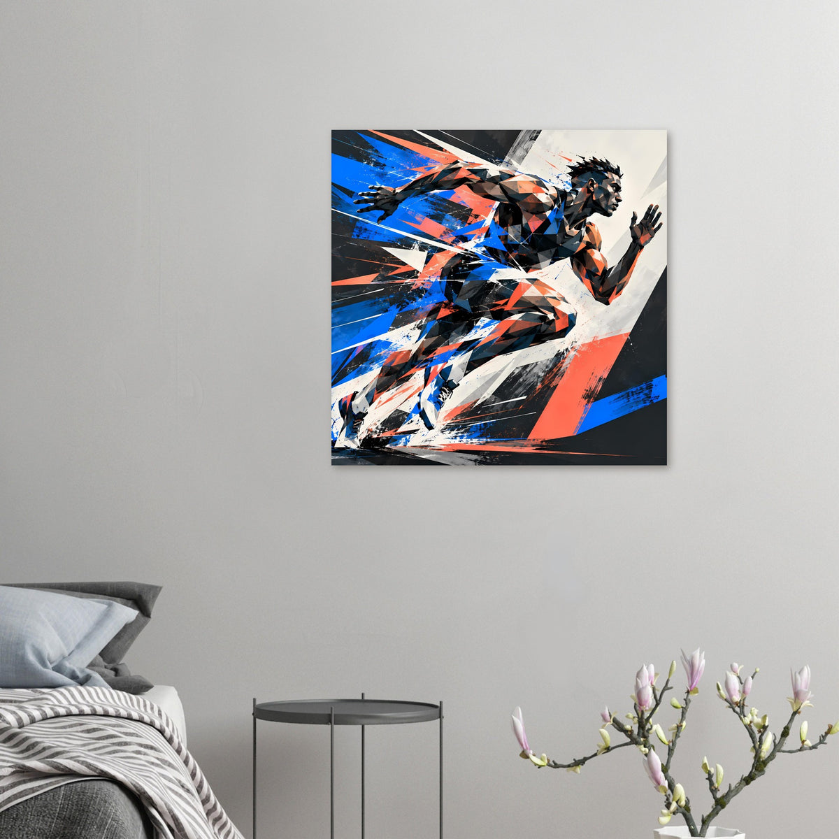 Kleines Dynamisches Poster mit abstrakter Sportlerfigur in Blau, Orange und Schwarz