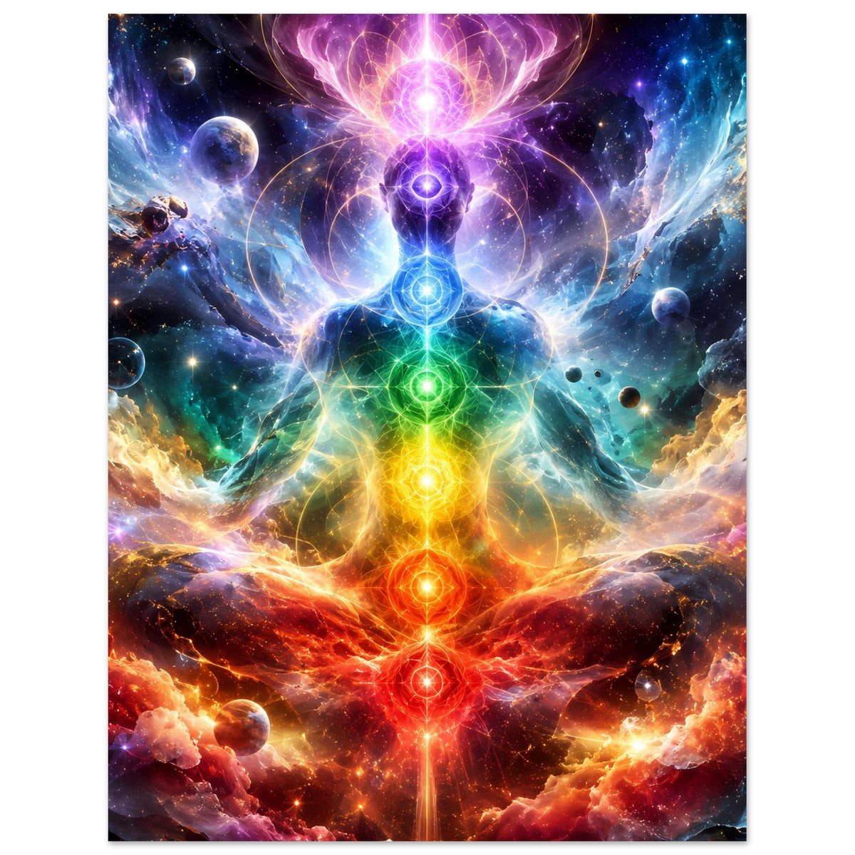 Meditationsposter im Hochformat mit zentraler Chakra-Säule und leuchtenden Energiepfaden