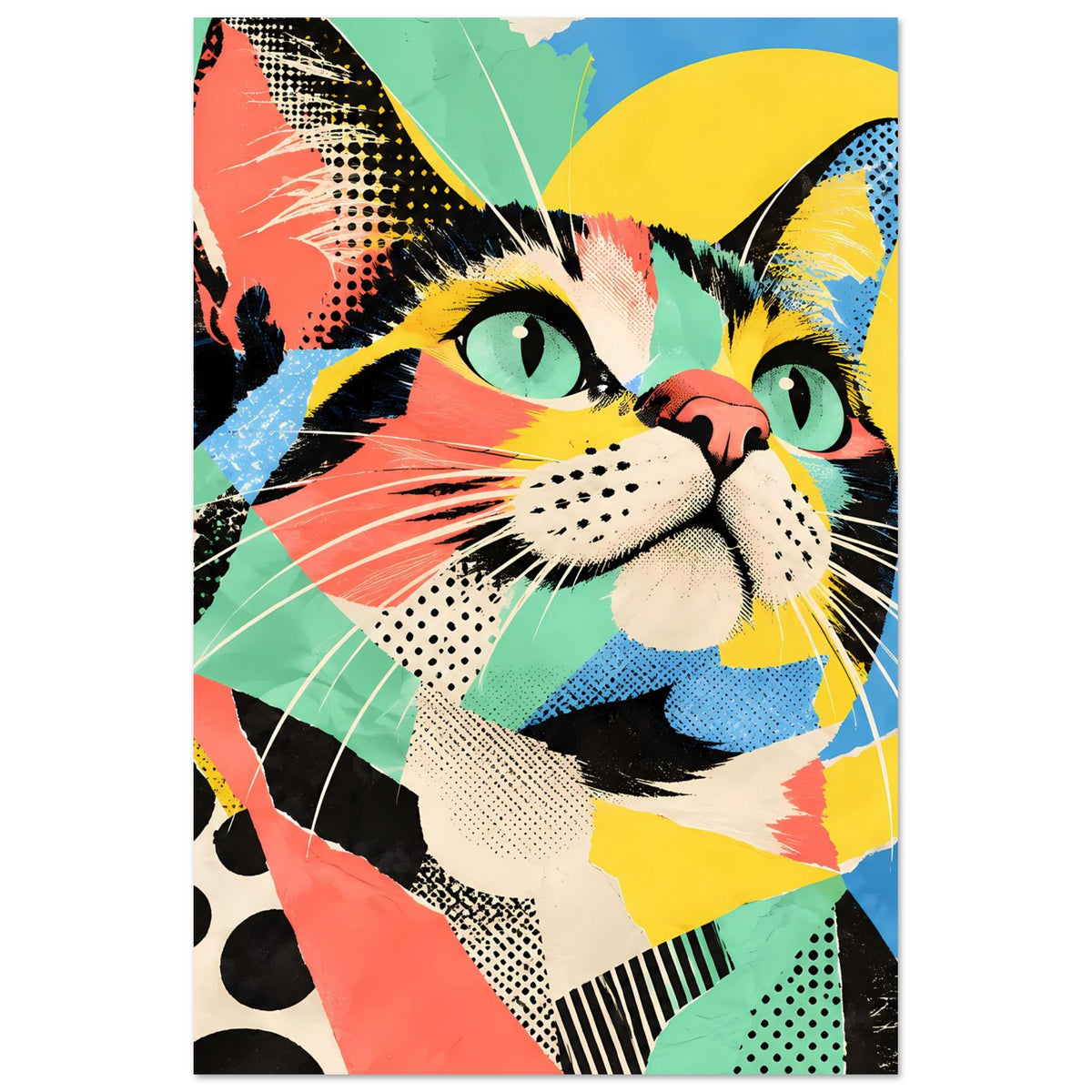 Pop-Art-Katzenposter mit buntem Katzenkopf, geometrische Farbmuster, Hochformat