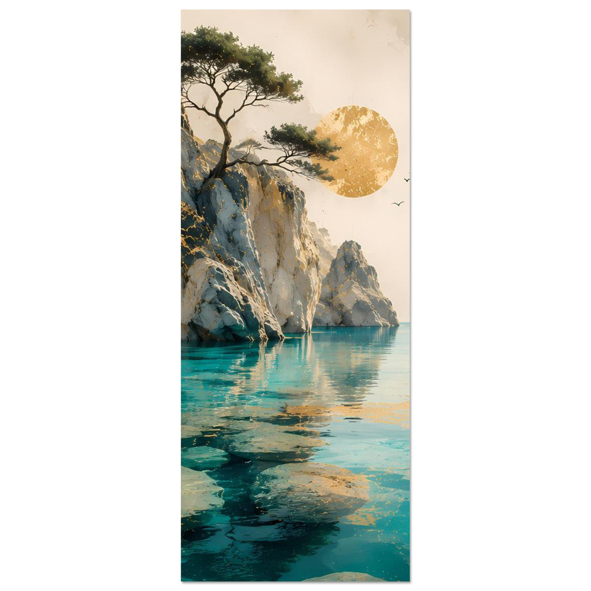 Vertikales Landschaftsposter mit Klippen am Ufer, türkisfarbenem Wasser und ruhigem Himmel