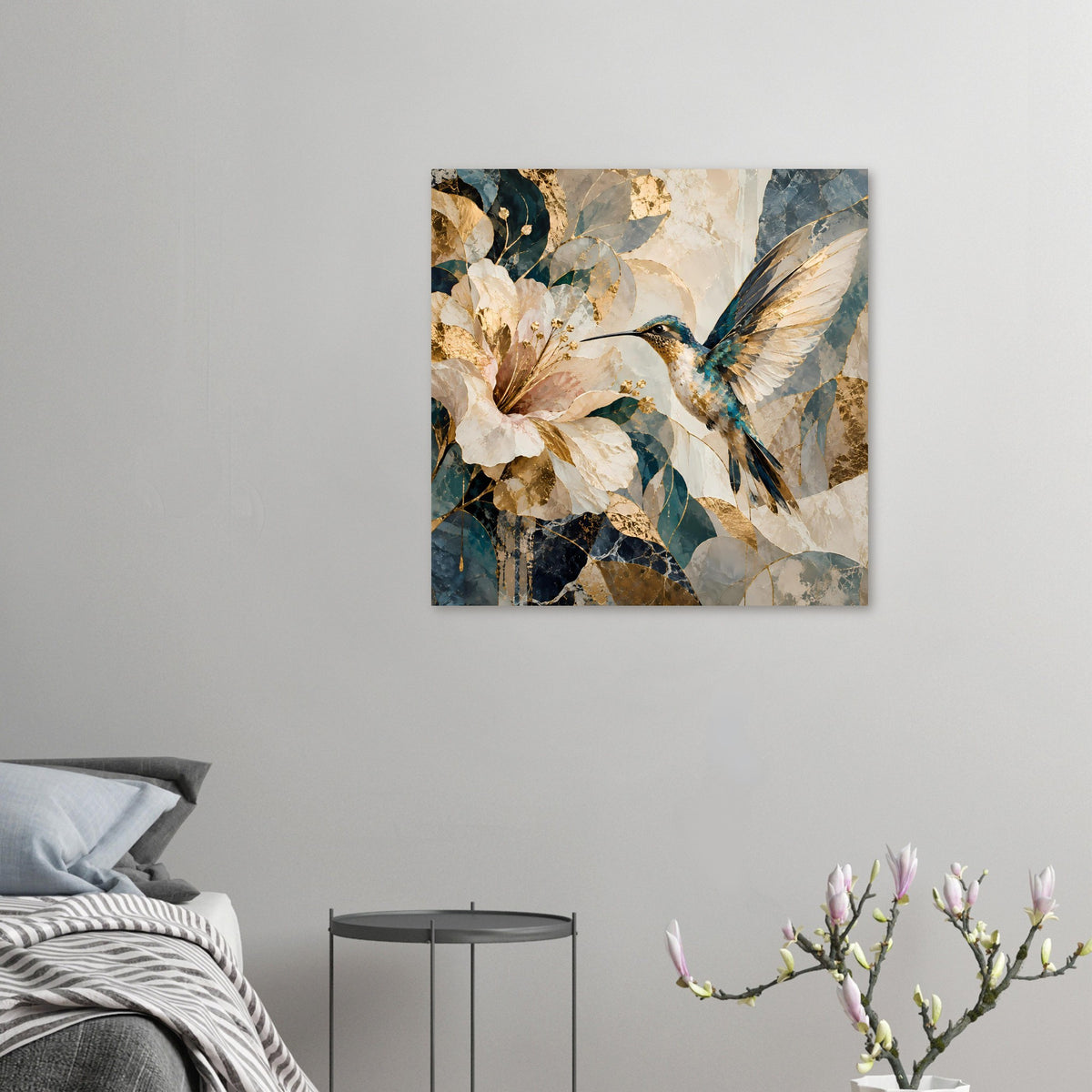Kleines Wandposter mit Kolibri und Blumen, blau-goldene Struktur, horizontal