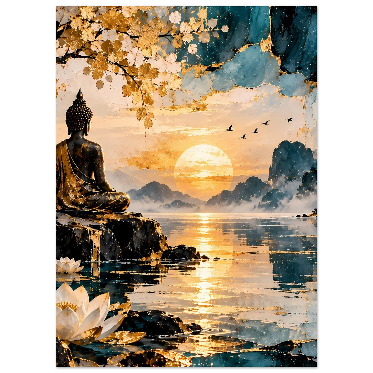 Poster: Buddha mit gold-blauem Sonnenuntergang, Lotusblüten und Baumzweigen im Vordergrund