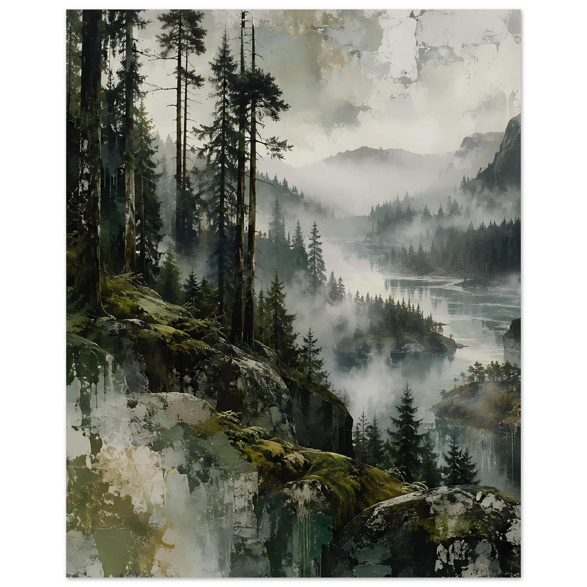 Hochformat-Poster mit Waldlandschaft: Tannenwald, Nebelschwaden und Fluss