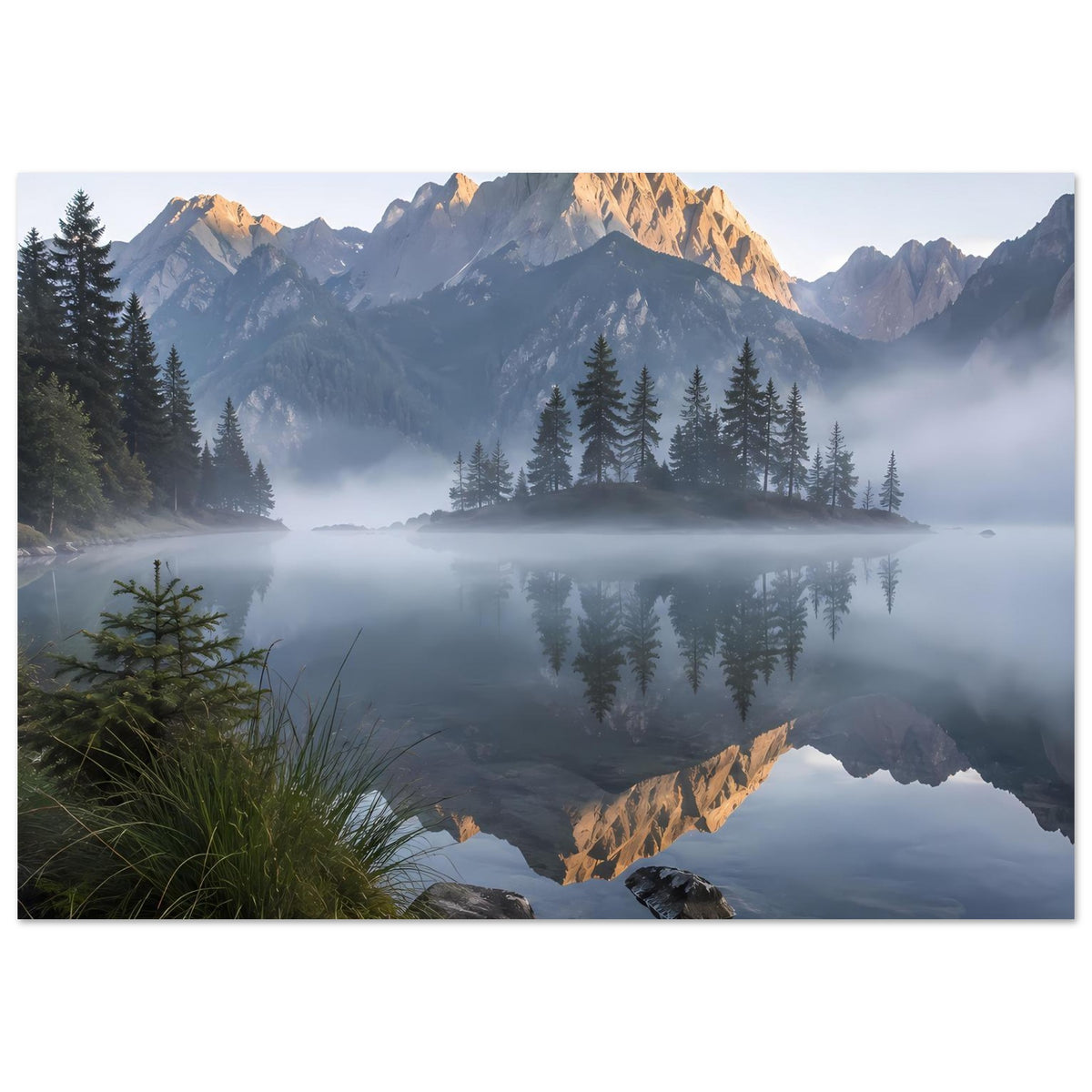 Landschaftsposter im Querformat mit Bergsee, Fichtenwald und Gipfelspiegelung im Nebel