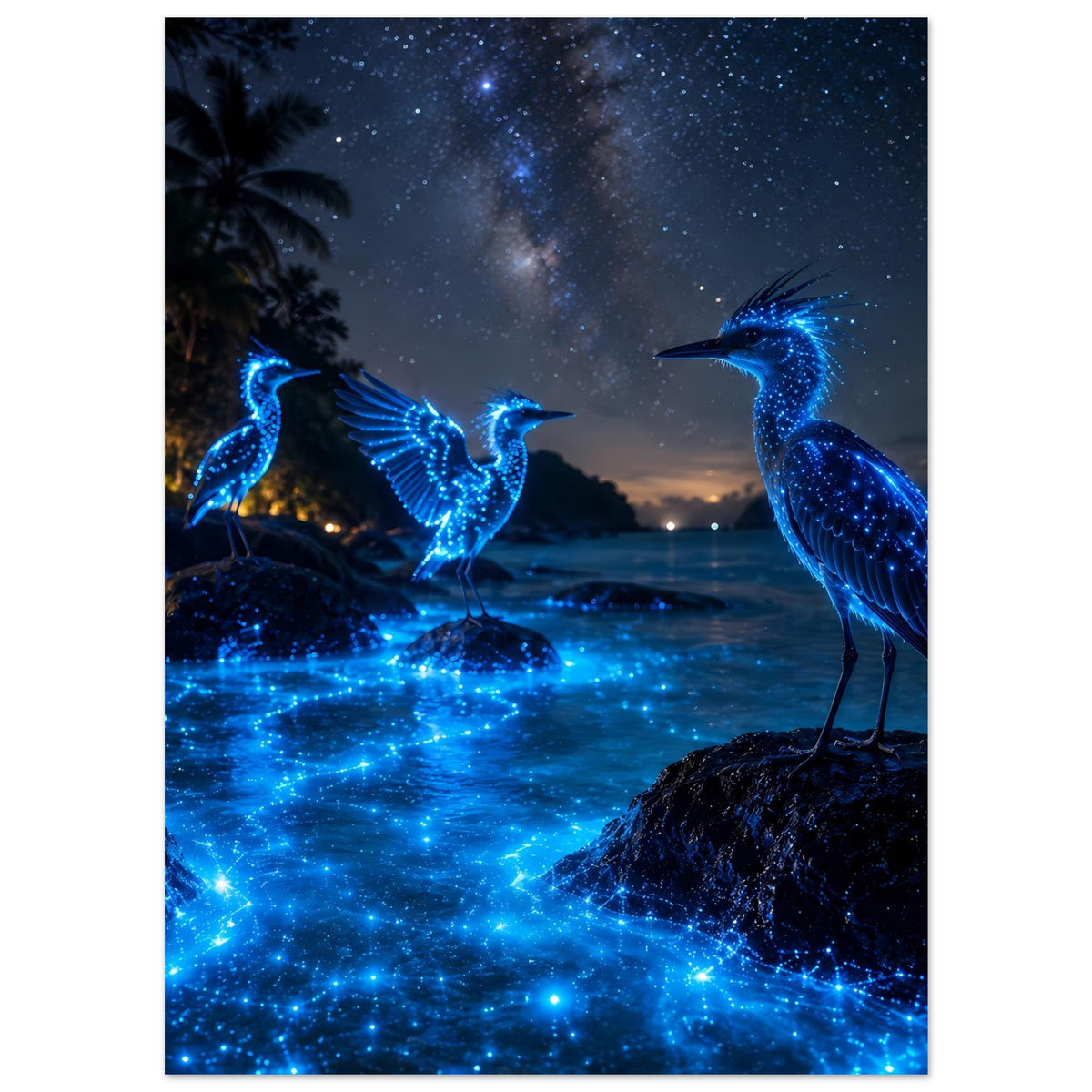 Poster mit drei blau leuchtenden Nachtvögeln auf Felsen, leuchtendes Sternenmuster