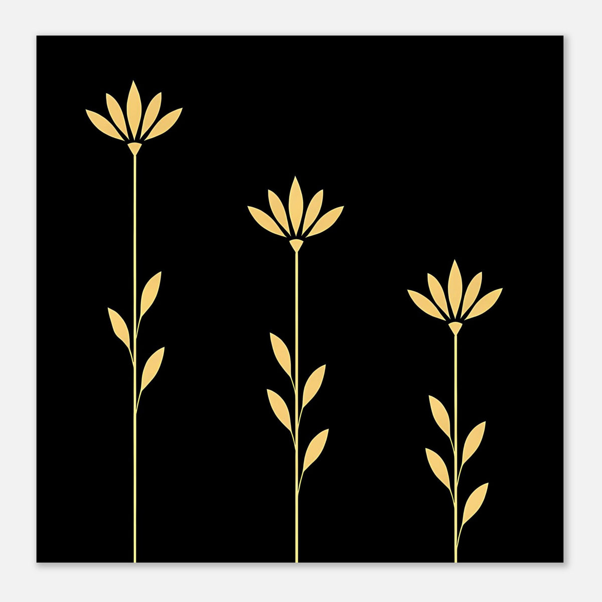 Poster mit drei goldenen Stielen und Blüten auf schwarzem Hintergrund