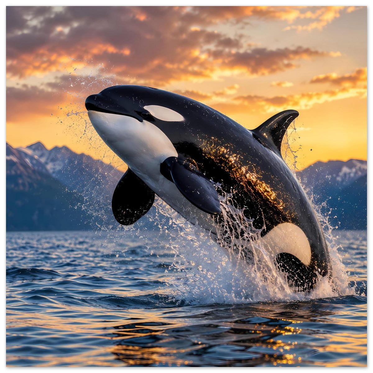 Poster im Querformat: Orca springt aus dem Wasser, schwarzer Rücken, Spritzfontäne