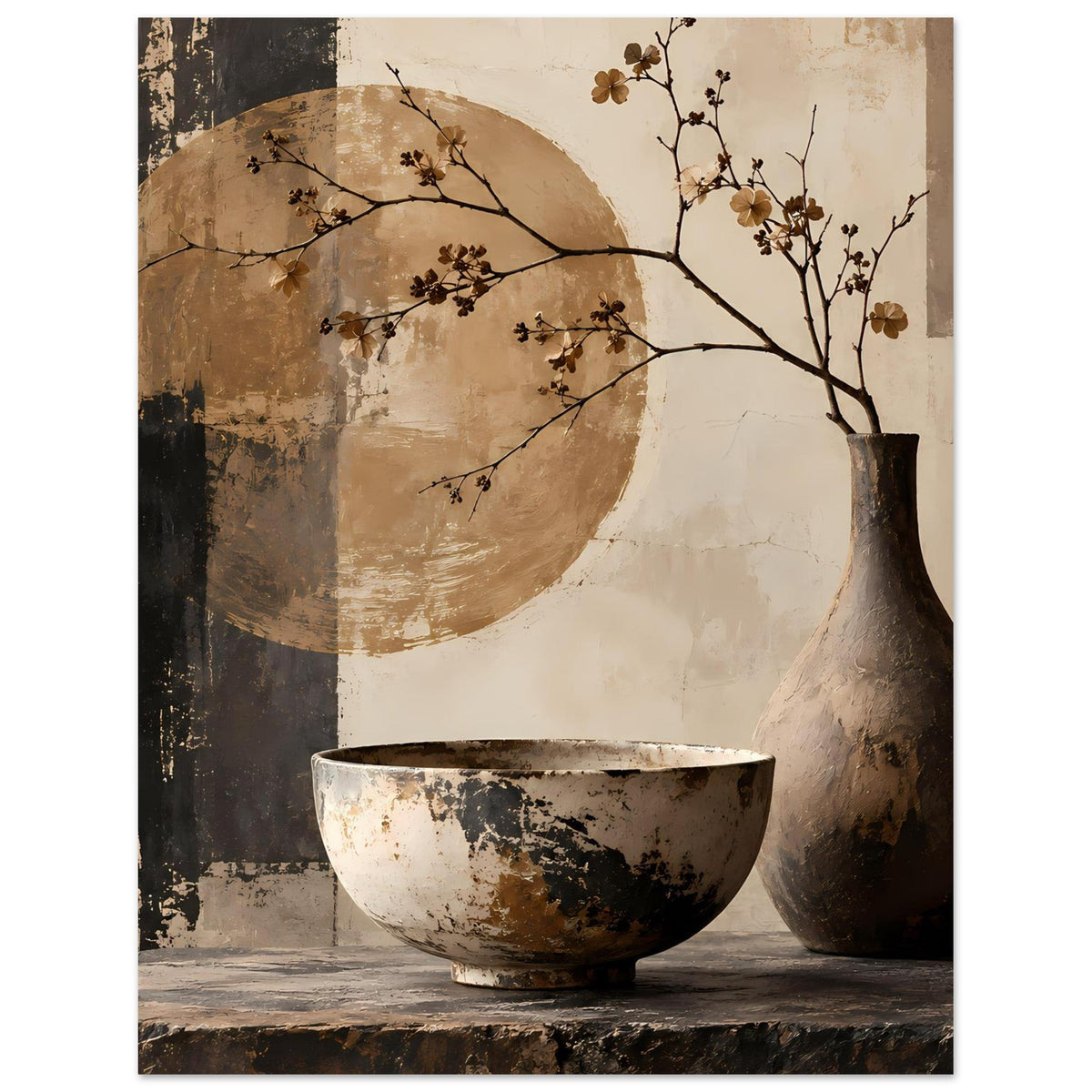 Still-Life-Poster: Vase rechts und bauchige Schale unten, darüber Blütenzweige im Kreis