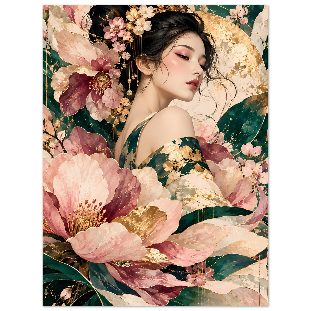 Florales Poster mit Porträt einer Frau in Rosé, Grün und Gold
