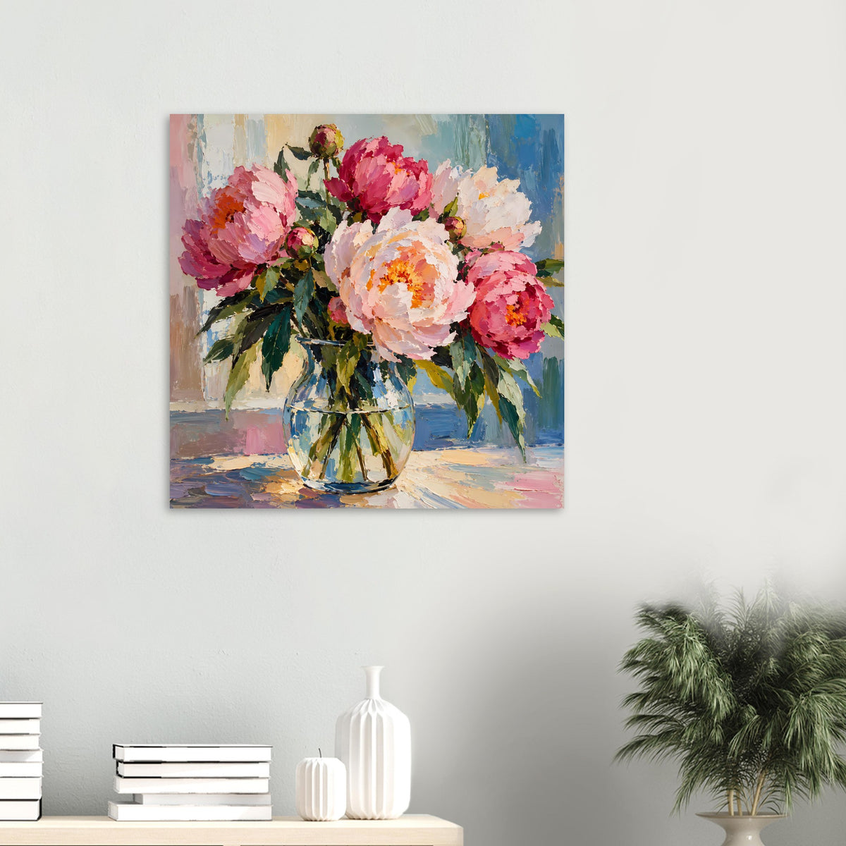 Kleines Blumenposter mit Pfingstrosen in Vase, Ölmalerei-Stil