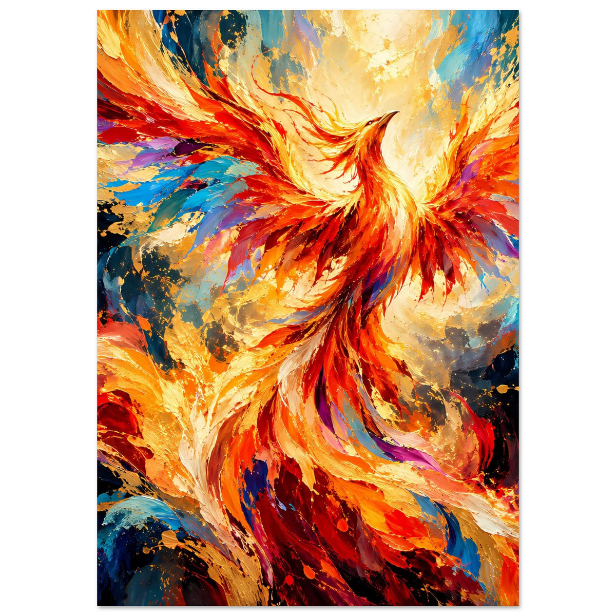 Vertikales Poster mit Phönix-Motiv, warmes Orange mit blauen und gelben Akzenten, schwarze Kante.