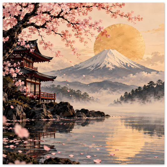 Kunstposter mit Kirschblüten, goldenem Mond und Fuji über ruhigem See mit Steinen