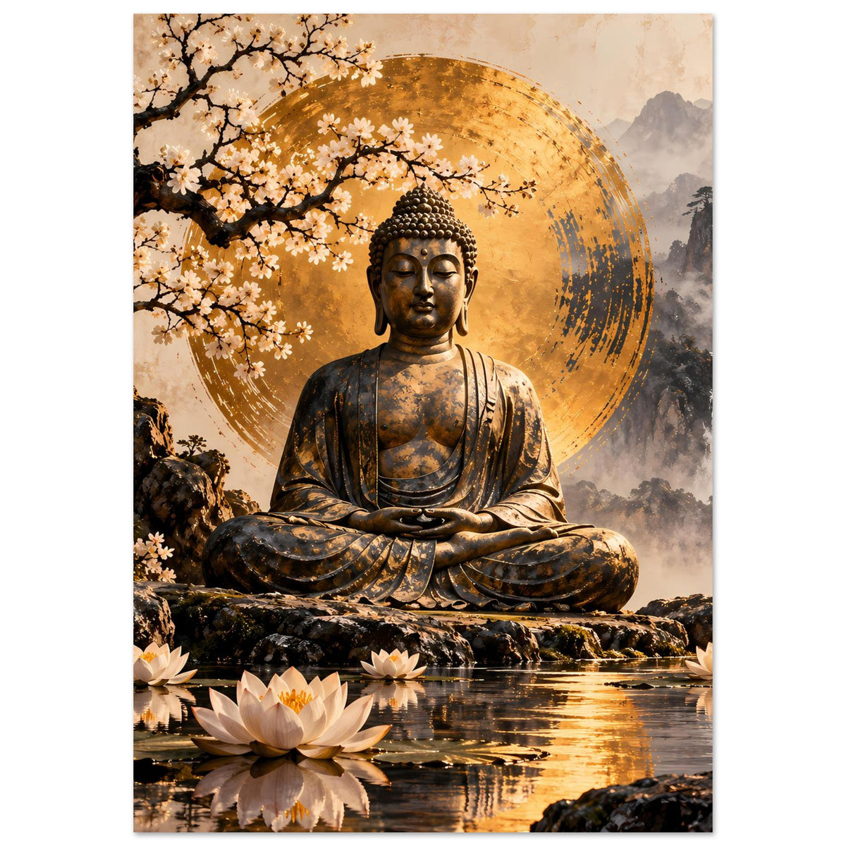 Vertikales Poster: sitzende Buddhafigur mit goldener Aura, Kirschblüten und Lotusblumen am Wasser