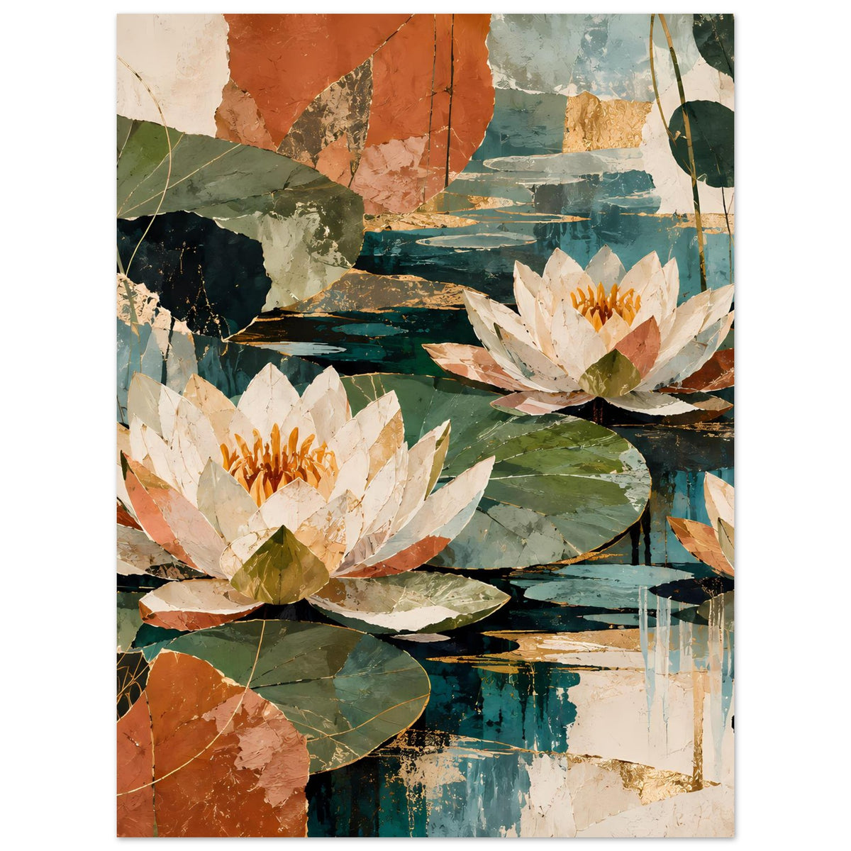Botanisches Poster mit Wasserlilien, cremeweiße Blüten mit orange Details, grüne Blätter, abstrakt