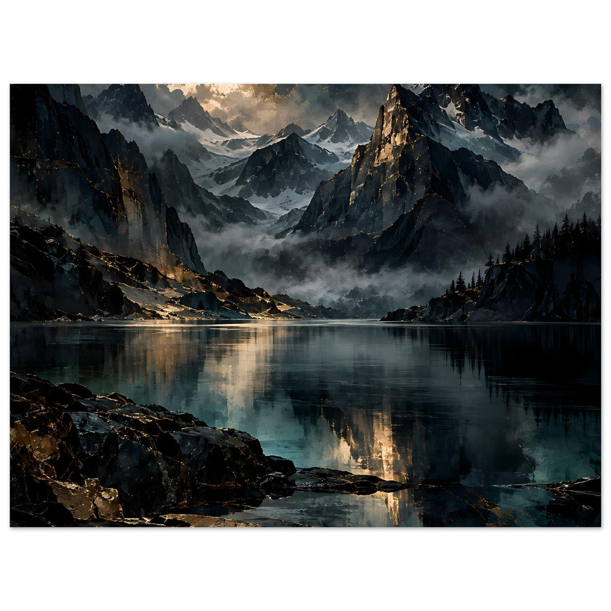 Poster mit Bergsee im Dämmerlicht, Felsen im Vordergrund