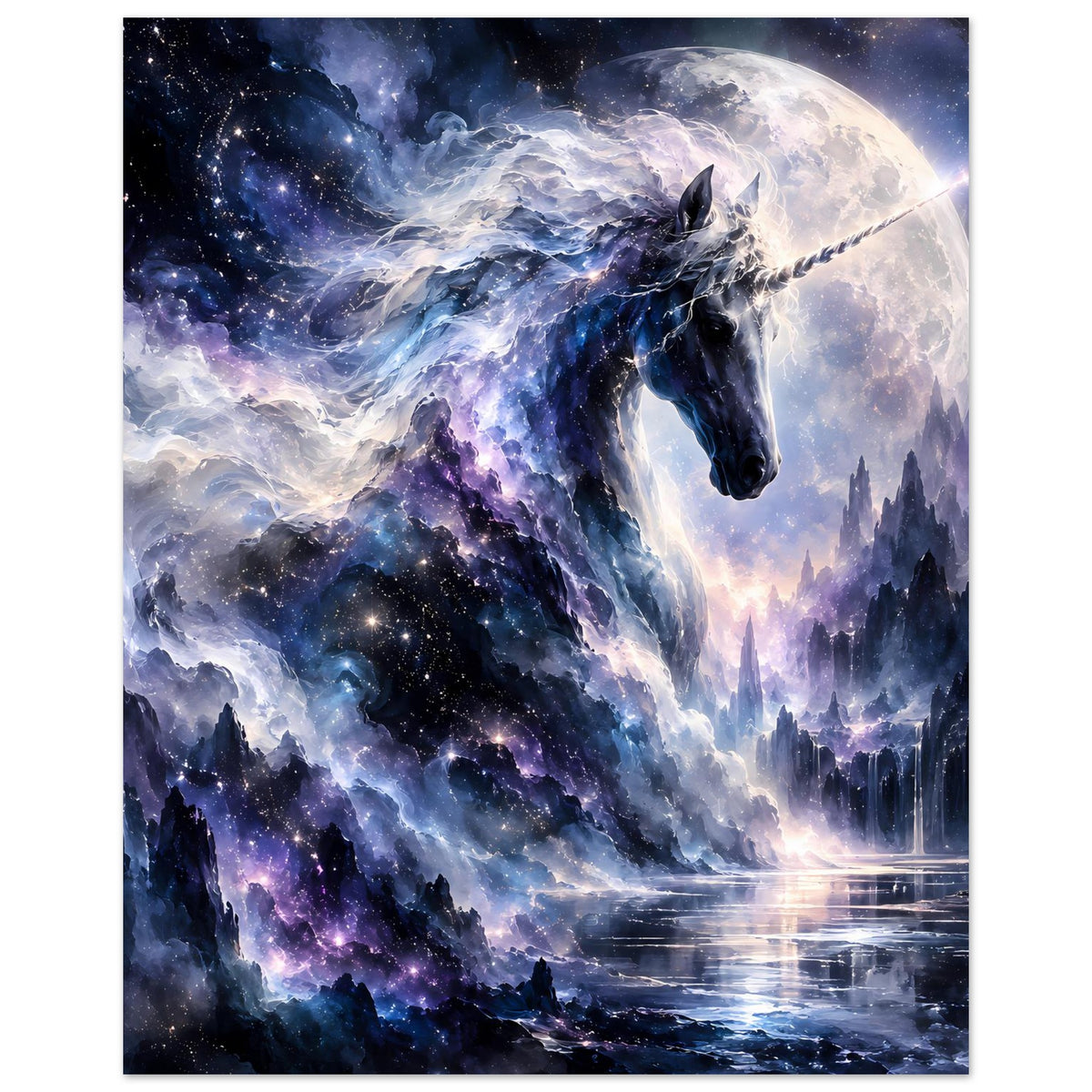 Galaktisches Einhorn-Poster, vertikal: Fliegendes Einhorn vor Mond und Sternen