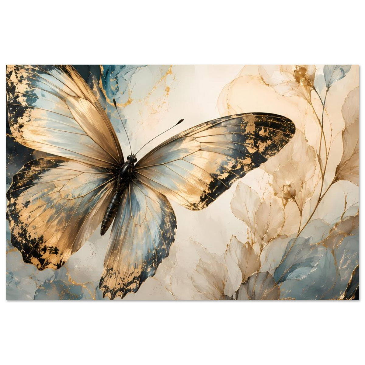 Schmetterlings-Poster querformat mit gold-blauen Flügeln und beigen Blattmotiven