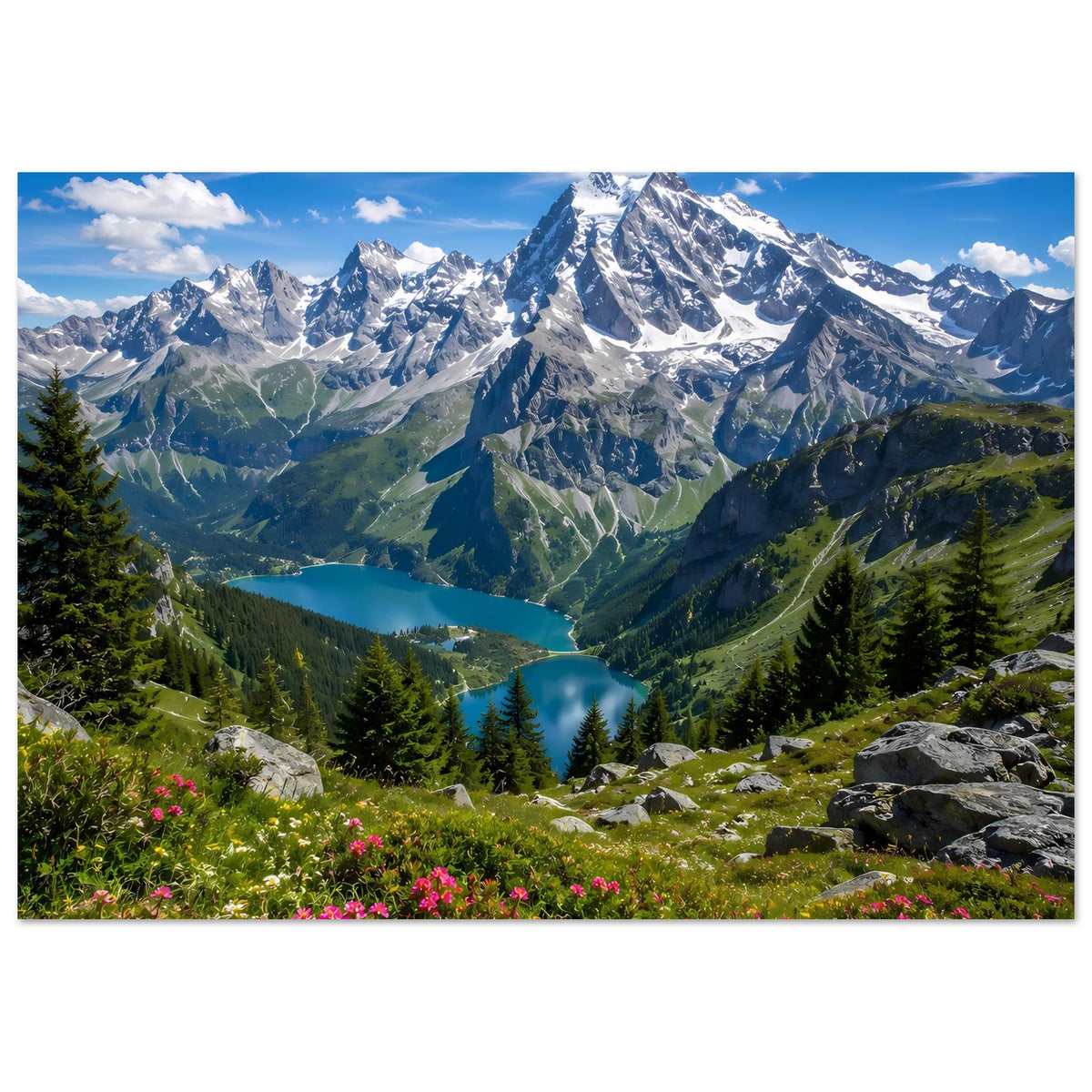 Horizontales Poster mit Alpenblick, Schneeberge, Tal mit See, Fichten und Blüten