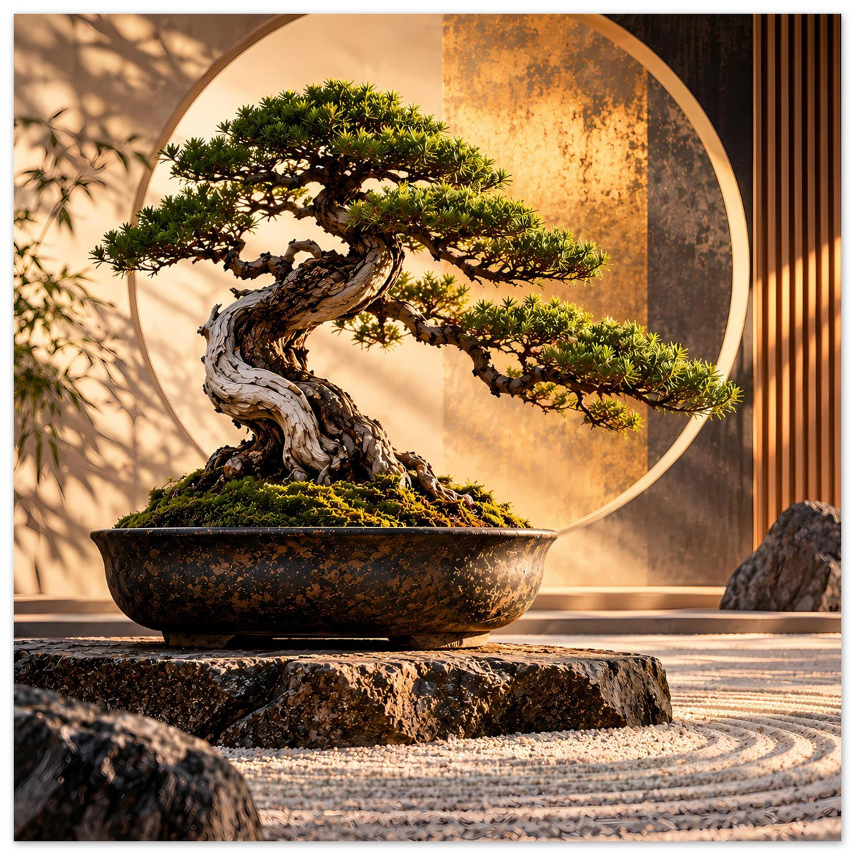 Poster mit Bonsai im goldenen Kreis, in Schale auf Steinsockel