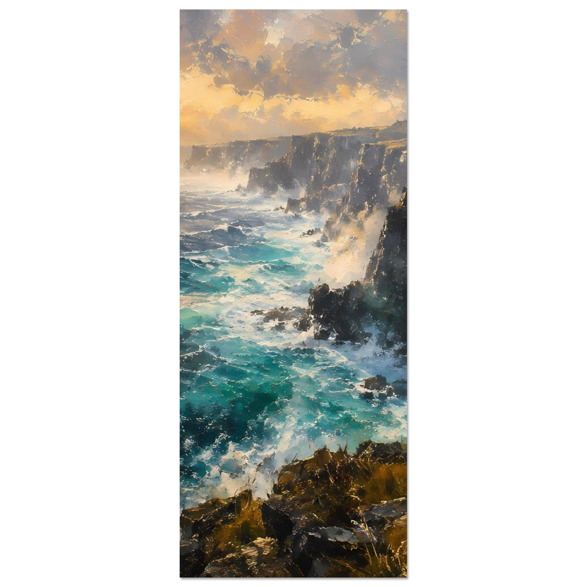 Schmales Hochformat-Poster mit Meerblick, türkisgrünen Wellen, Brandung und Abendsonne.