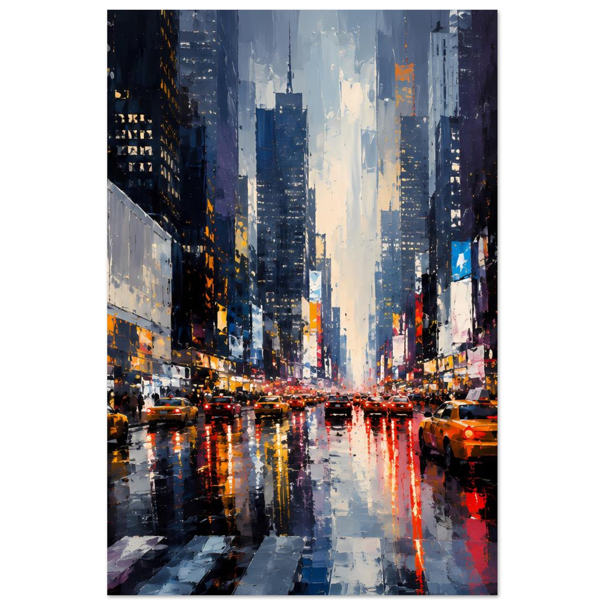 Vertikales Stadtposter: nasse Straße mit Autolicht-Reflexionen und Hochhäusern