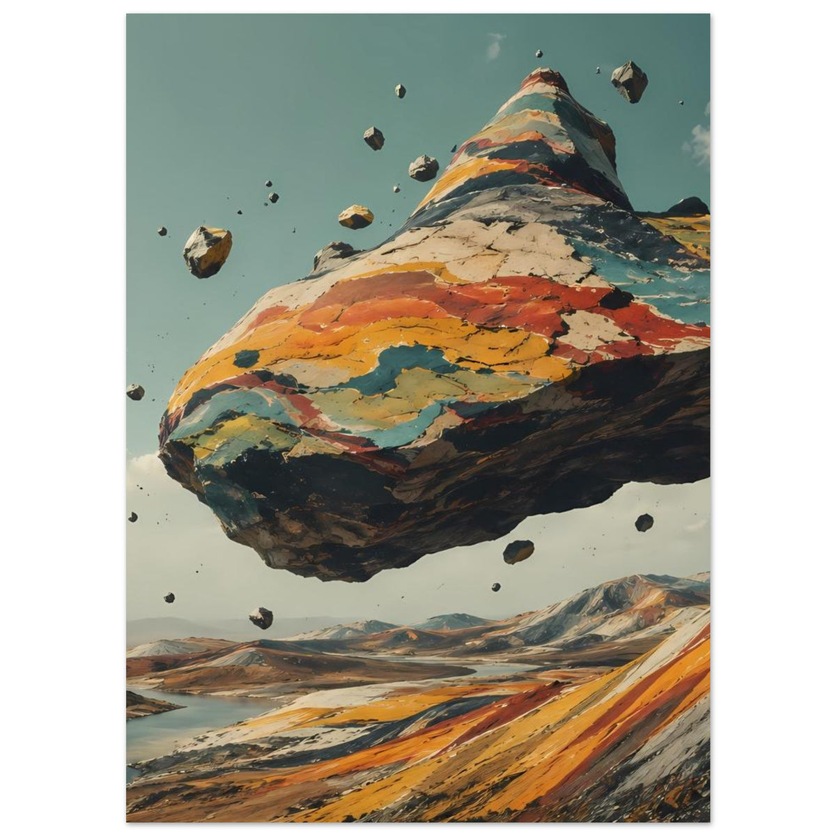 Poster mit schwebendem Berg und farbigen Erdschichten, vertikale Ausrichtung