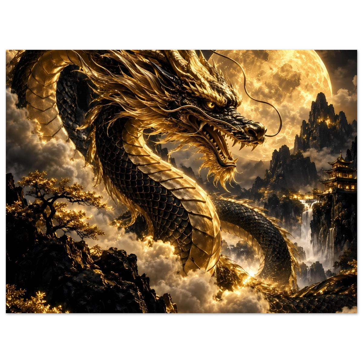 Poster im Querformat: goldener Drache mit Flügeln vor Vollmond über Wolken