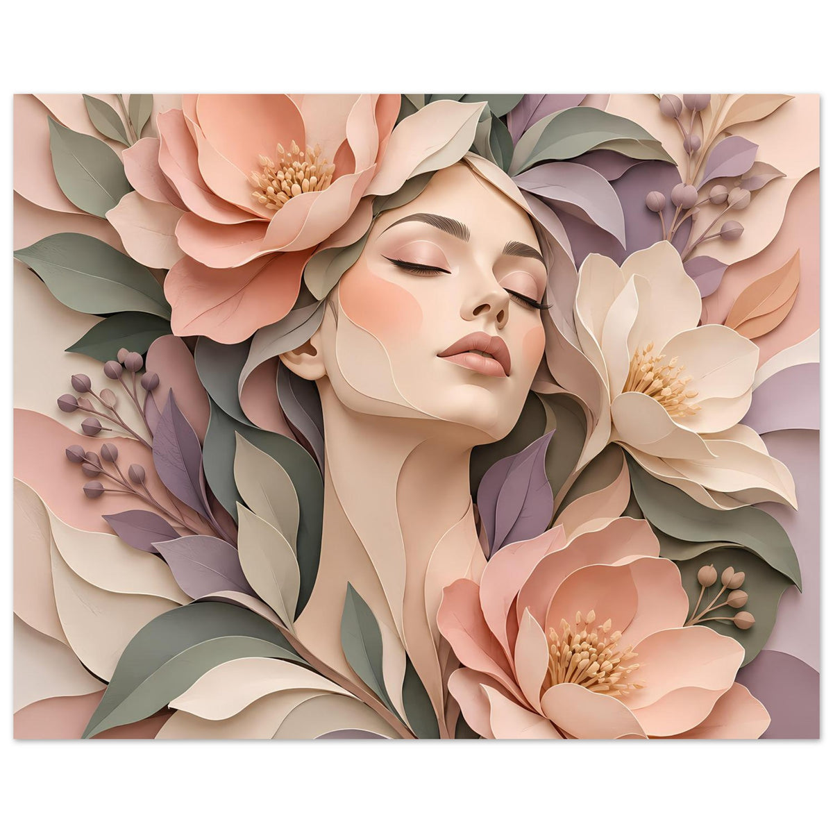 Blumiges Portraitposter im Querformat: ruhiges Frauenporträt zwischen Blüten und Blättern
