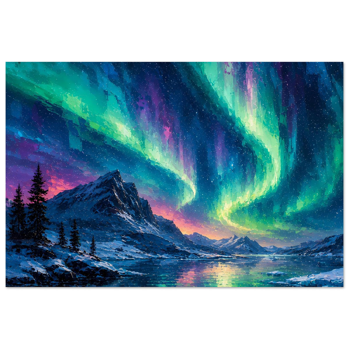 Fine-Art-Poster im Querformat: Nordlichter über verschneiten Bergen, Spiegelungen im Wasser