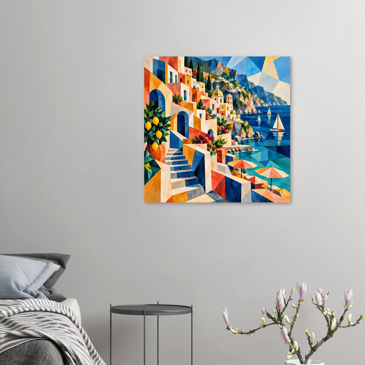 Kunstposter mit mediterraner Szene: Treppe, bunte Häuser, blaues Meer und Segelboote
