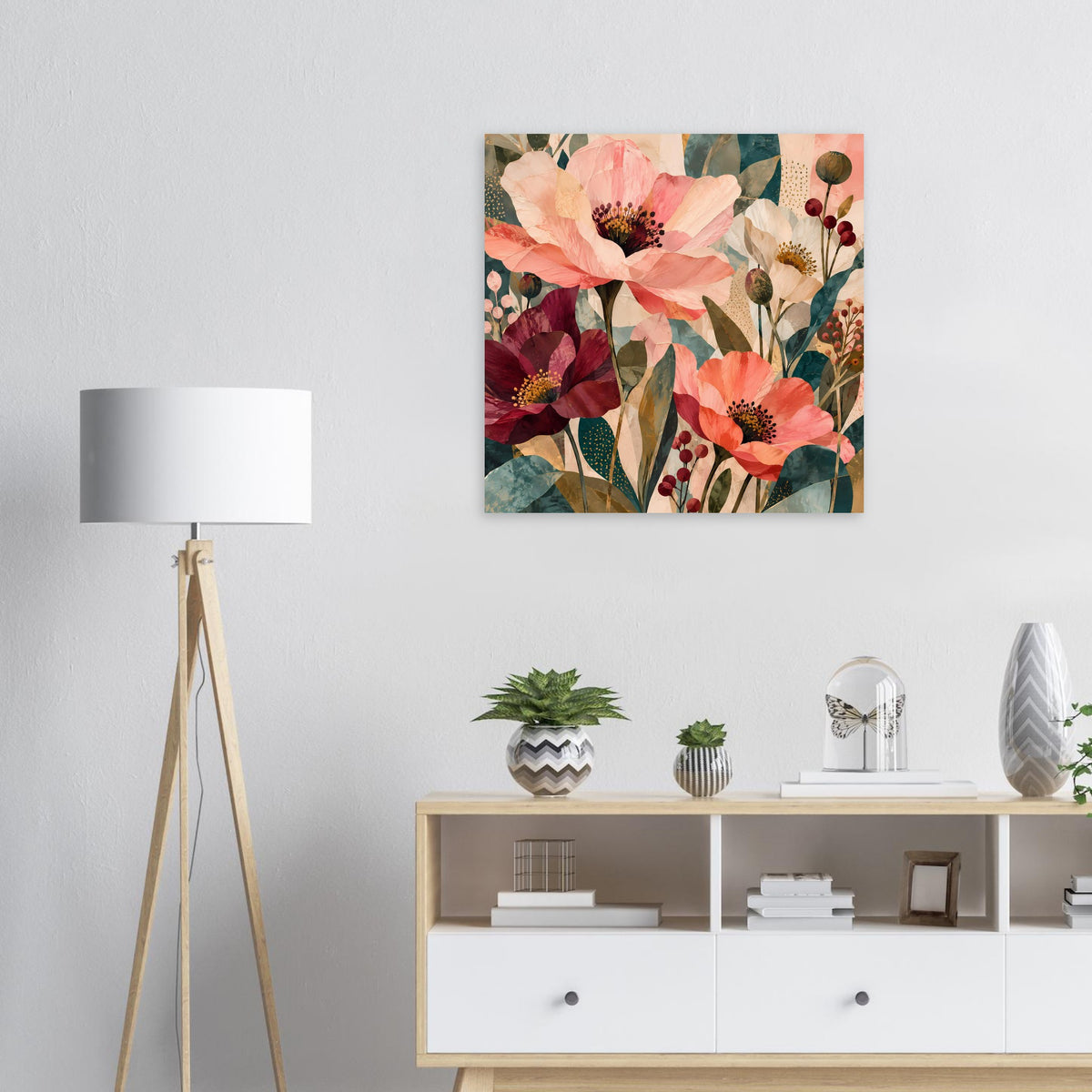 Blumen-Kunstposter im Quadratformat mit Korall- und Burgunderblüten