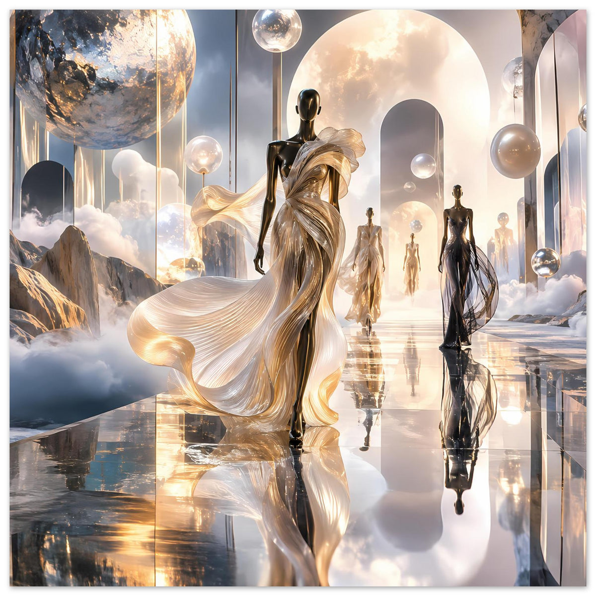 Laufsteg-Poster mit goldener Frauenfigur im wallenden Kleid und schwarzen Models auf reflektierendem Gang