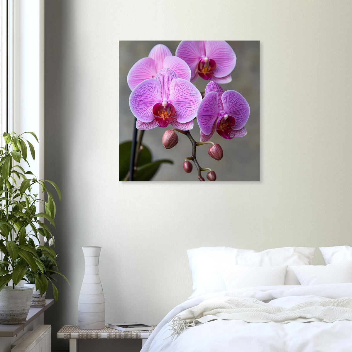 Orchideen-Porträt-Poster mit pink-lila Orchideenblüten, zentral arrangiert