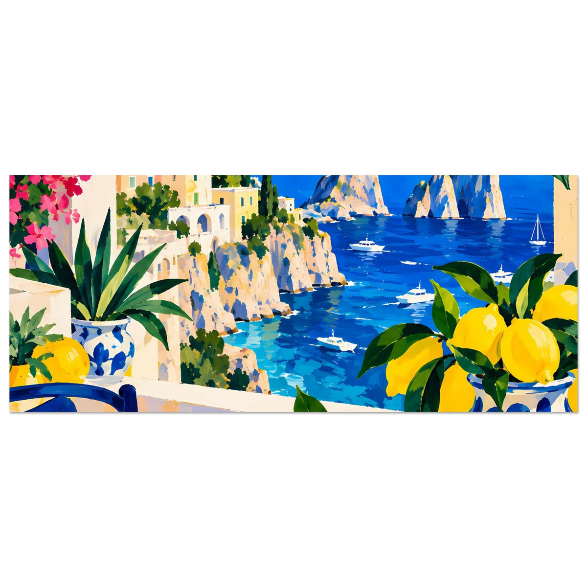Kunstdruck Poster (Querformat): blaue Bucht, gelbe Zitronen, Pflanzen links und Schalen