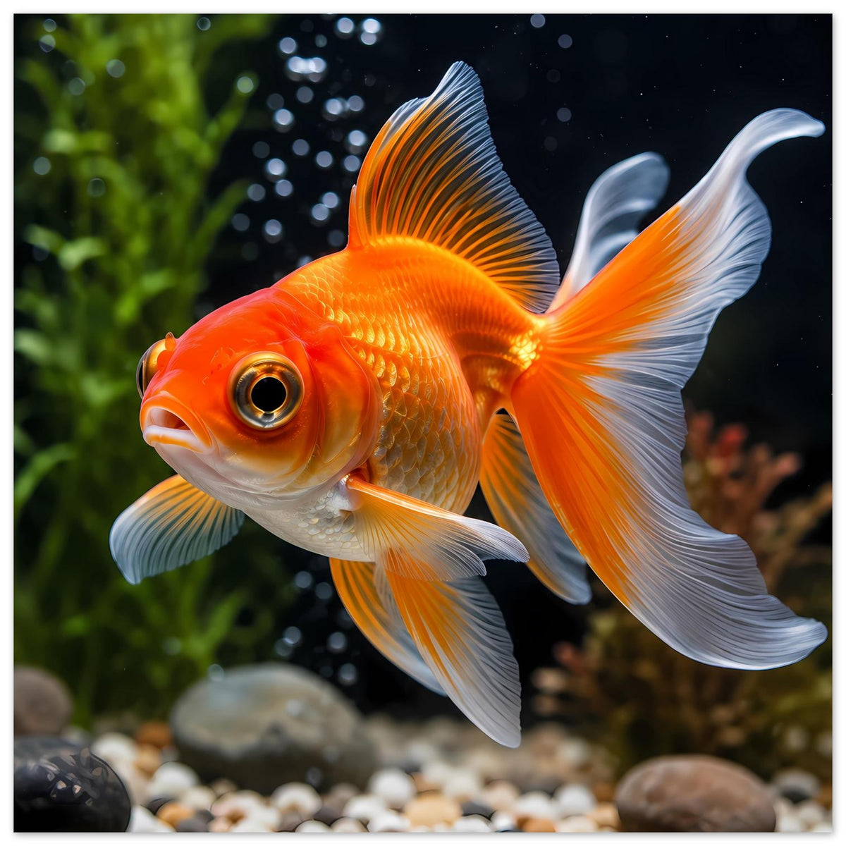 Vertikales Poster mit orangefarbenem Goldfisch, weißen Flossen und hellem Auge