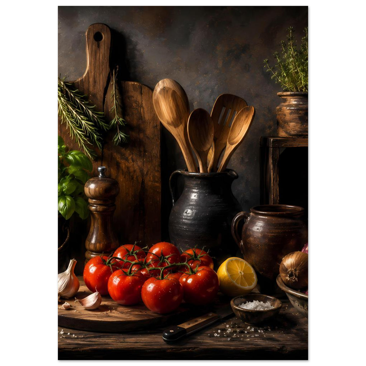 Hochformat-Poster mit Küchenstillleben: Holzlöffel in schwarzem Krug, Tomaten, Zitrone, Kräuterglas