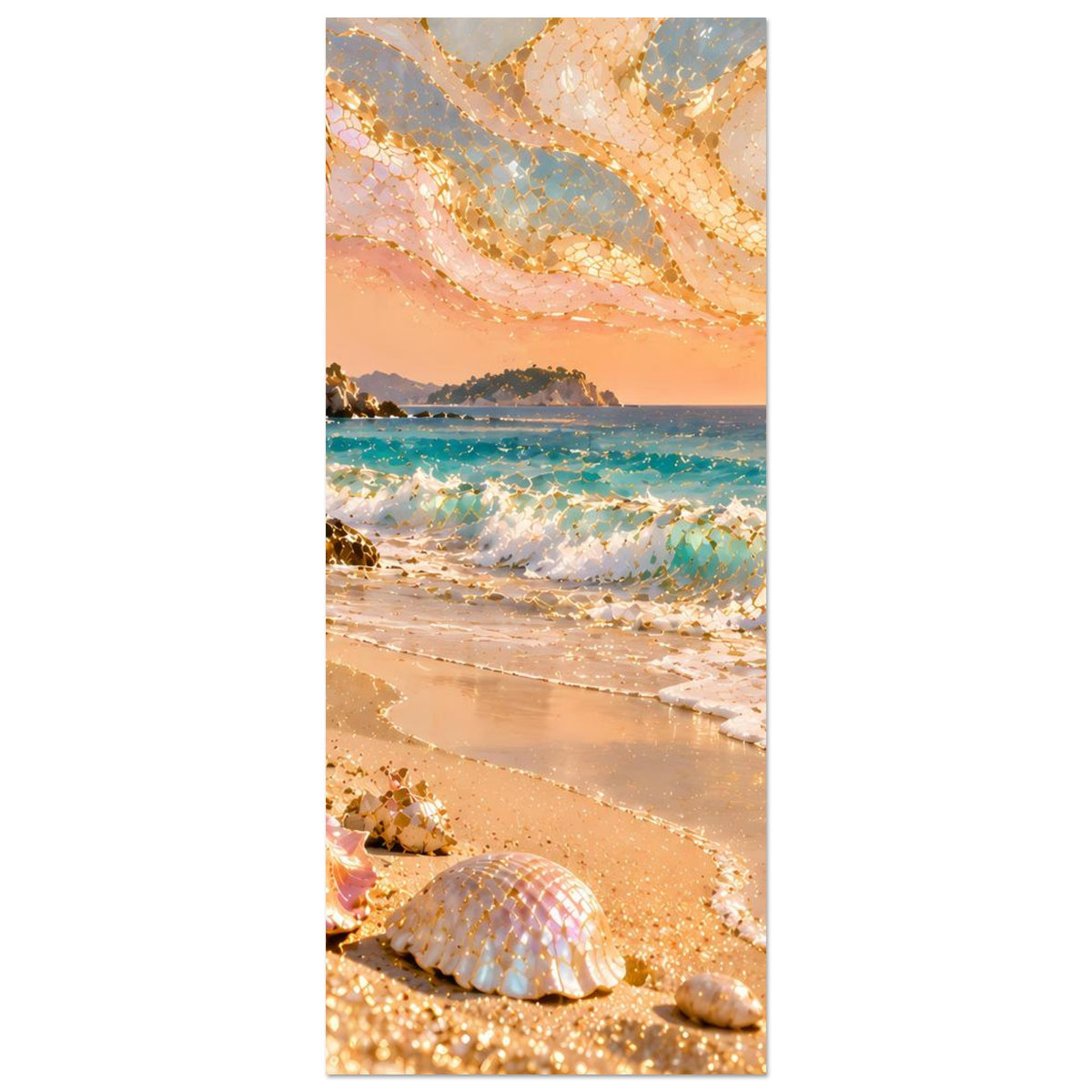 Hochformatiges Strandlandschafts-Poster mit goldenen Mosaikakzenten: Strand und Meer bei Abendlicht