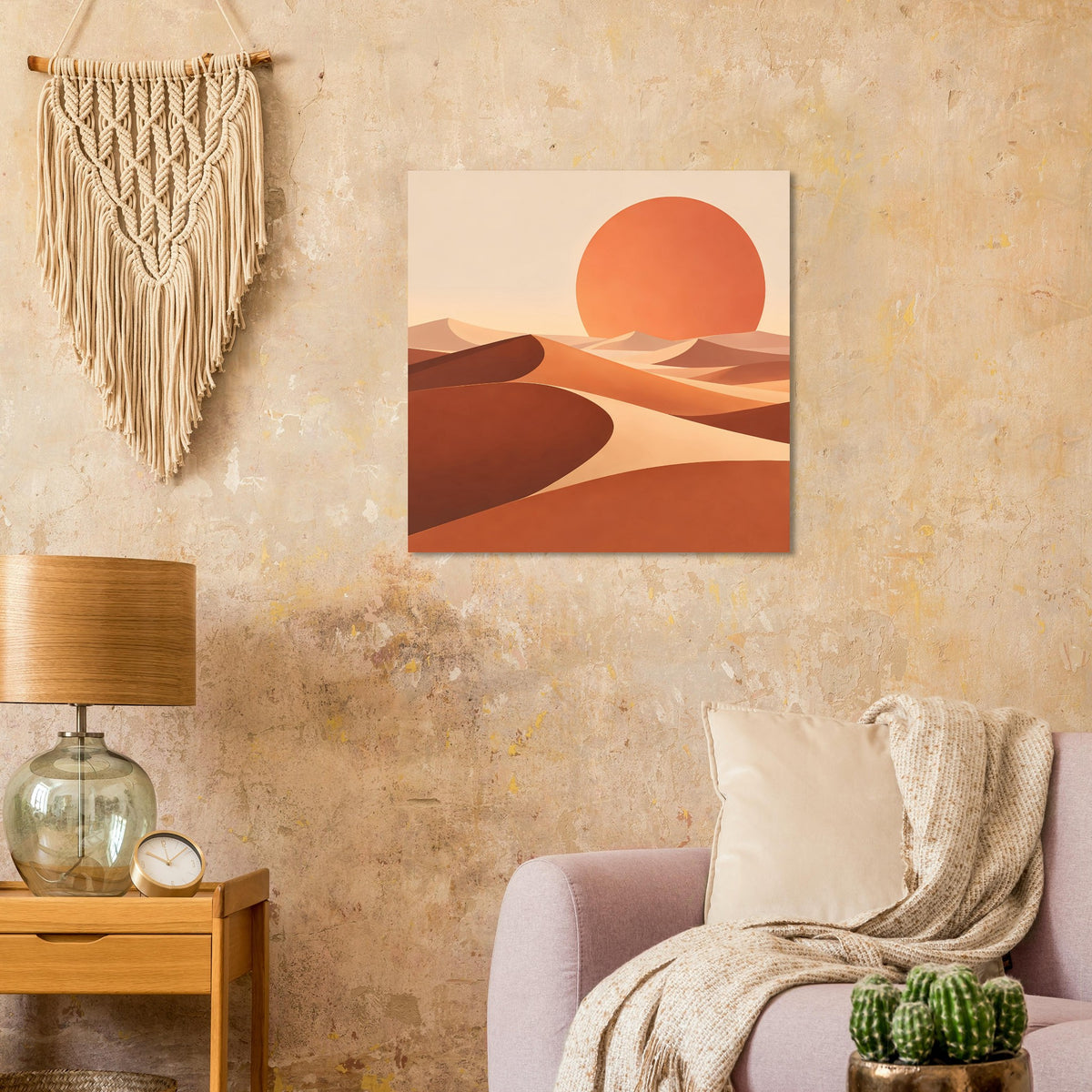 Gerahmtes Quadratposter mit orangefarbener Sonne über ockerfarbenen Dünen
