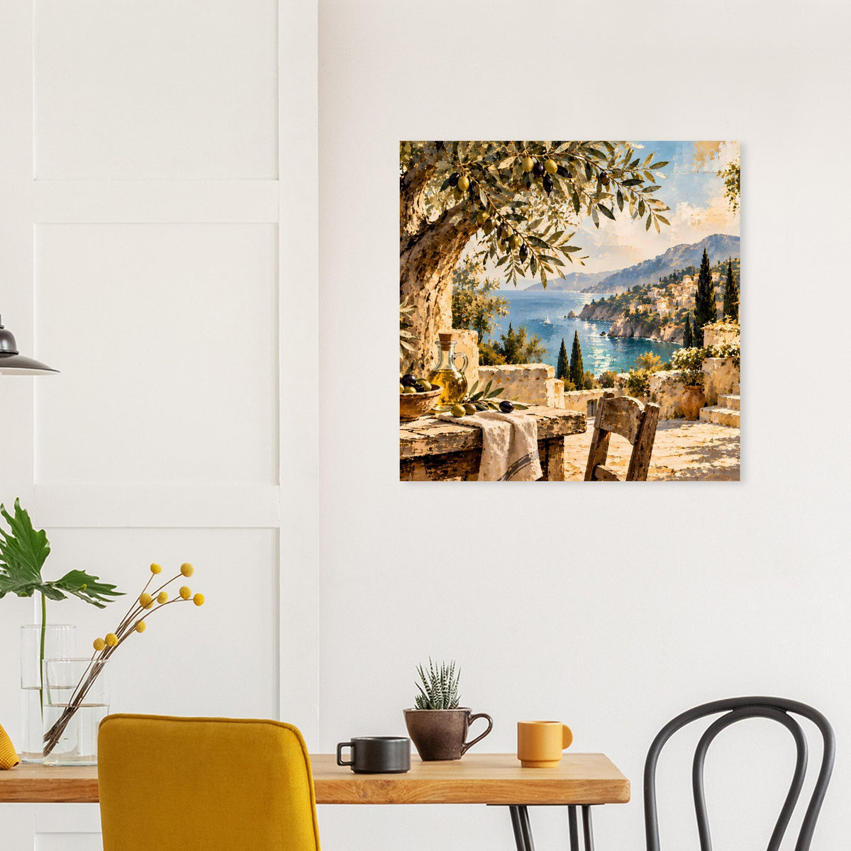 Quadratisches Poster auf mattem Papier: Mediterraner Küstenblick, Meer, Steinterrasse und Wege
