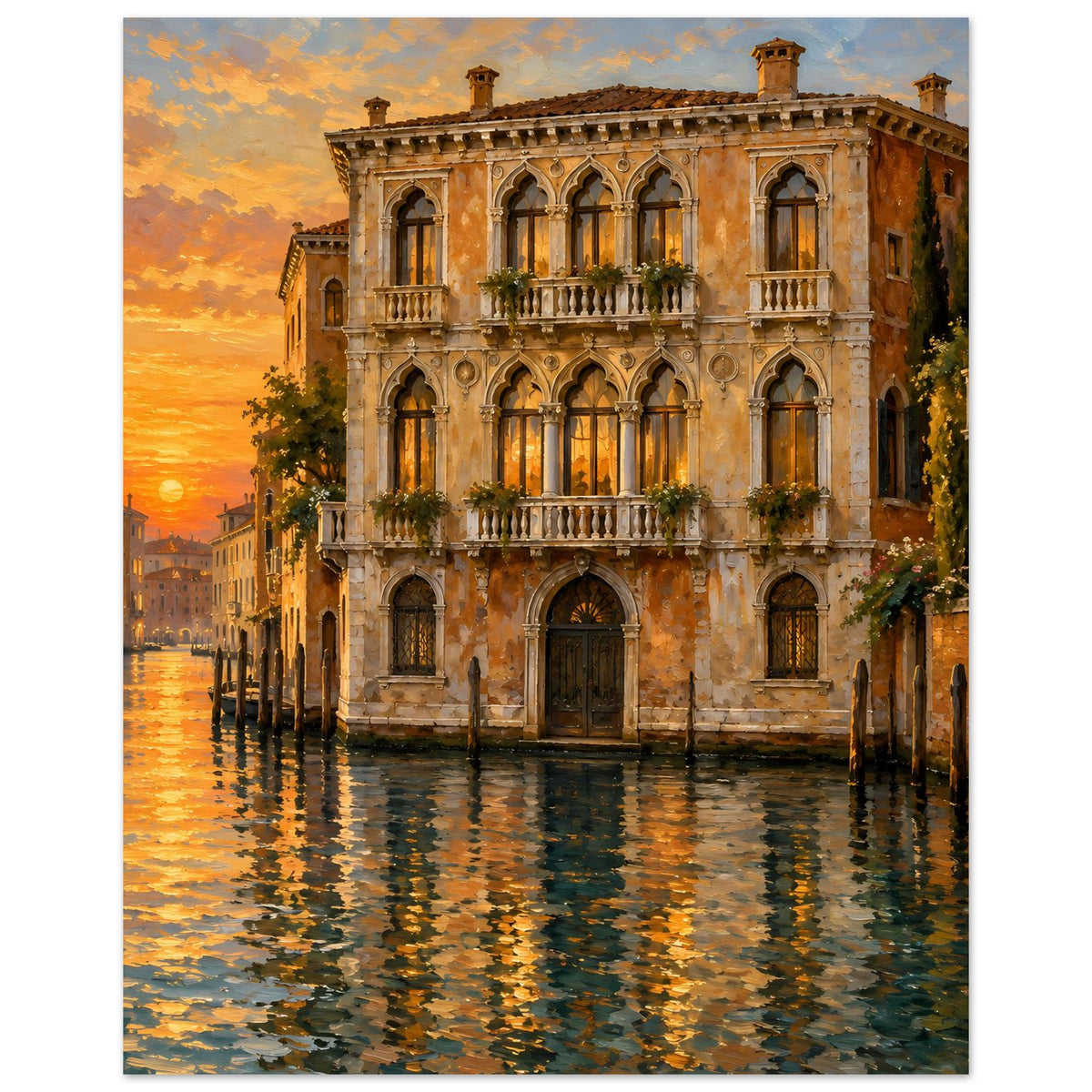 Vertikales Poster mit Sonnenuntergang in Venedig: Palazzo am Kanal und Wasserreflexionen