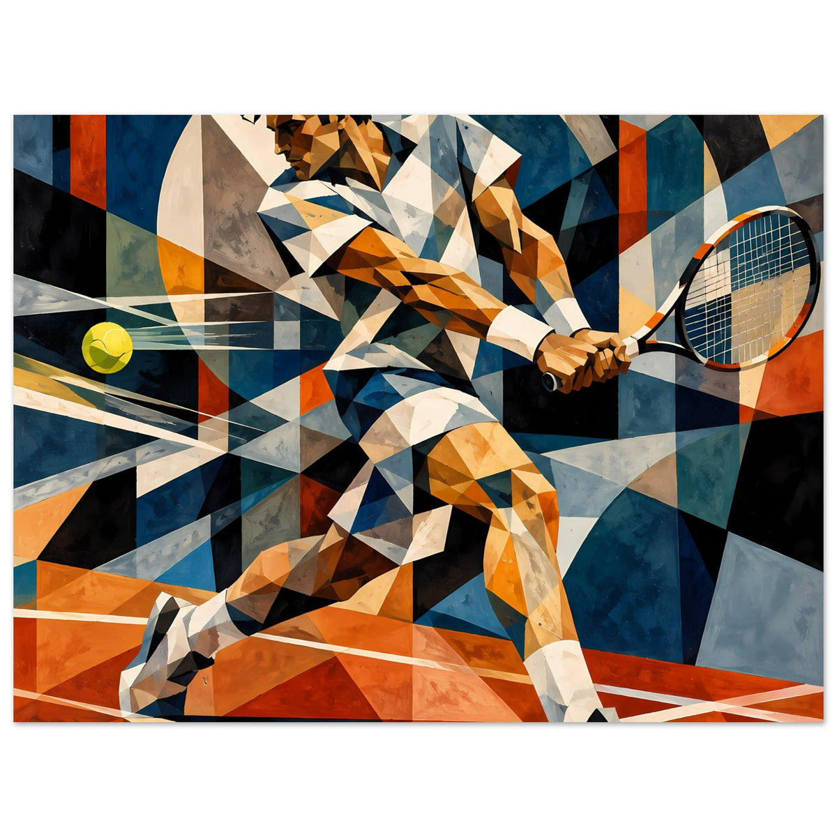 Kunst-Poster mit geometrischem Tennismotiv: Ball und Schläger, dynamische Polygonoptik