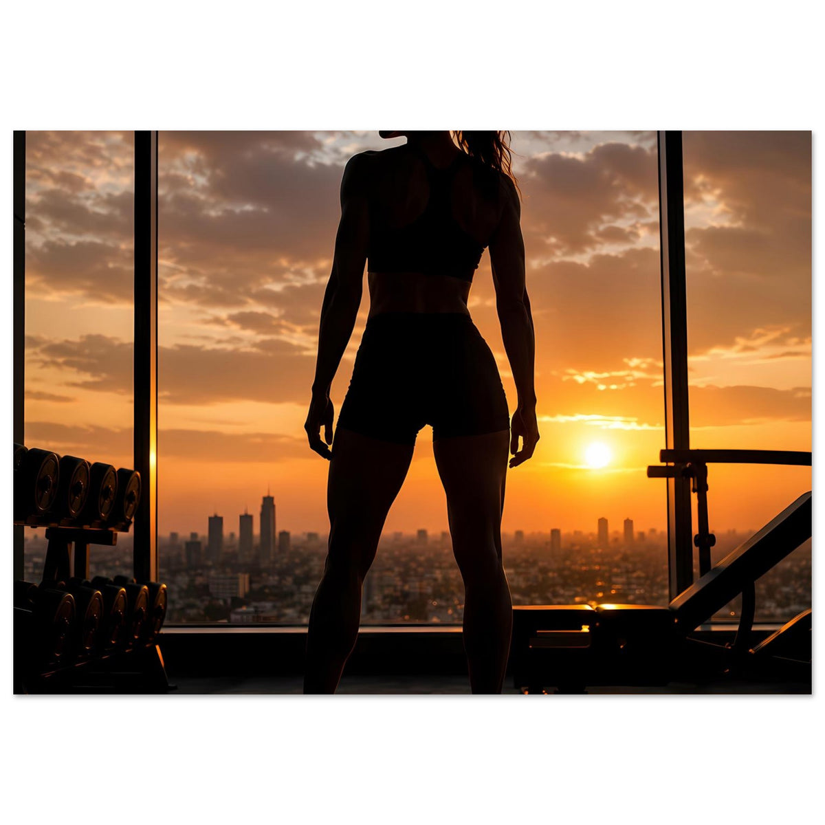 Fitness-Poster, quer: Frau in Sportkleidung als dunkle Silhouette vor Sonnenuntergang